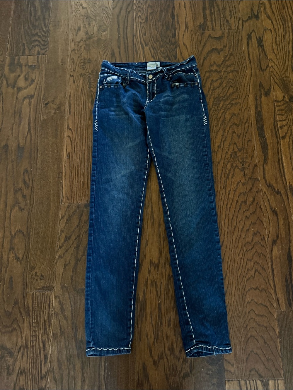 Saza Y2K  Dark Blue Women's Straight-Leg Jeans Sz 5 ivory thread rhinestones
